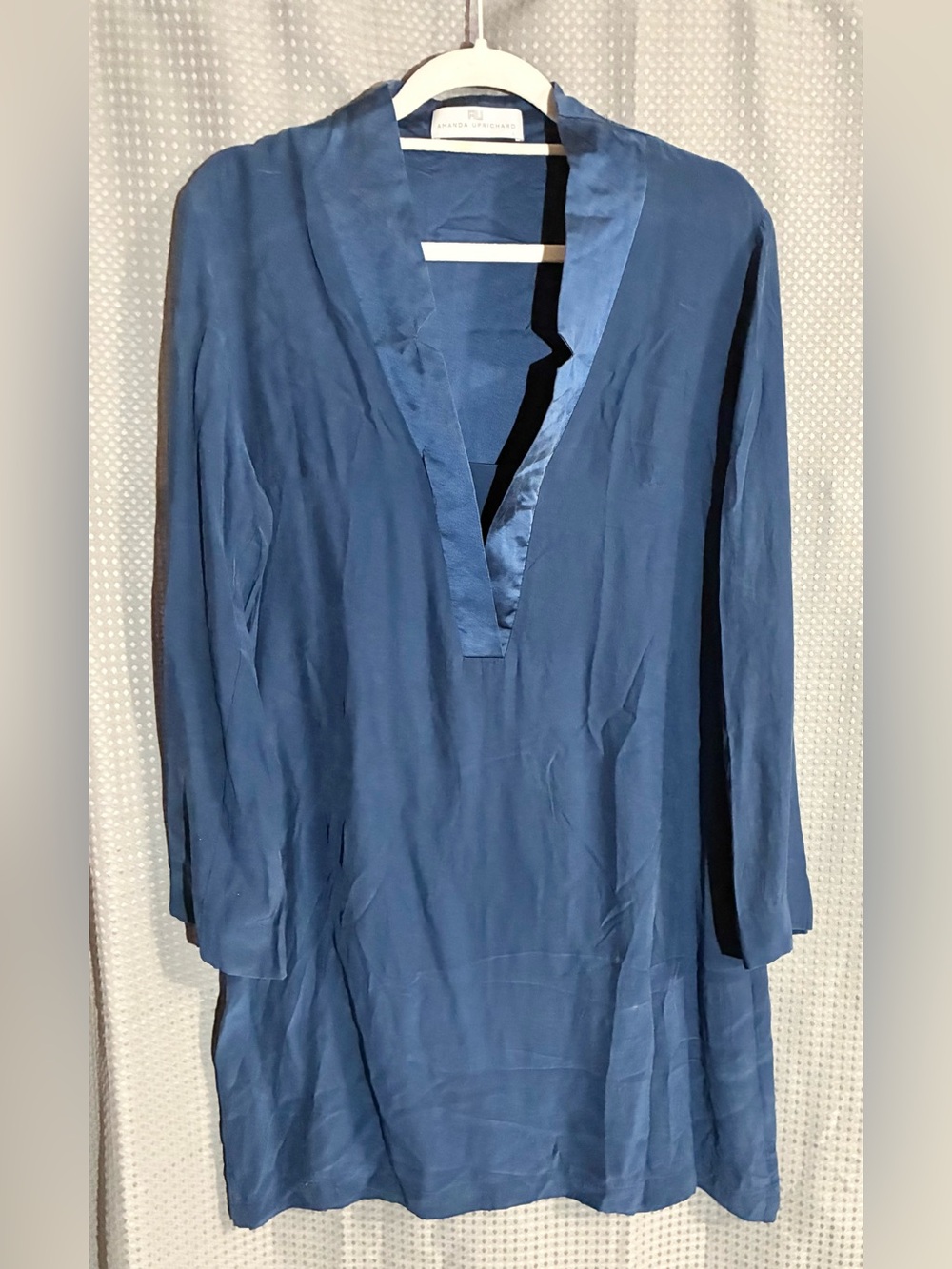 Amanda Uprichard 100% Silk Shirt Dress Sz L Button Cuffs Made in USA Blue Weddin